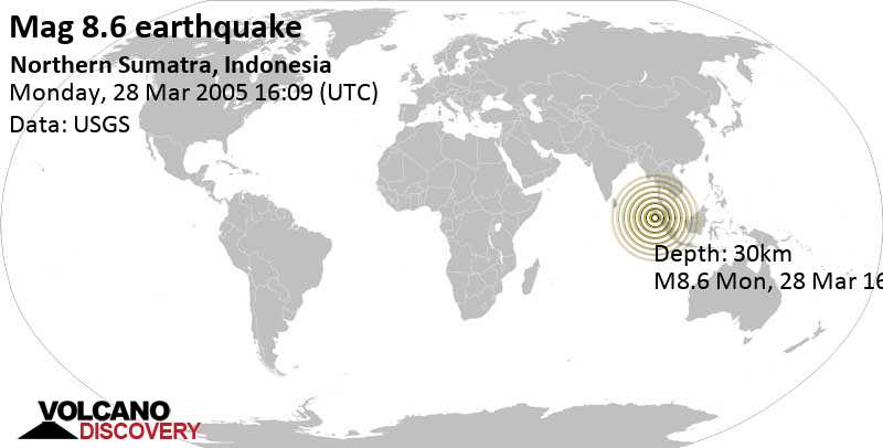 Major magnitude 8.6 earthquake - 79 km west of Singkil, Aceh, Indonesia, on Monday, March 28, 2005 at 16:09 GMT
