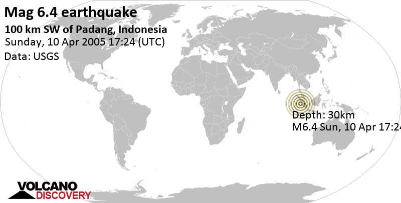 Very strong mag. 6.4 earthquake - 54 km northeast of Pulau Siaimu Island, Sumatra Barat, Indonesia, on Sunday, April 10, 2005 at 17:24 GMT