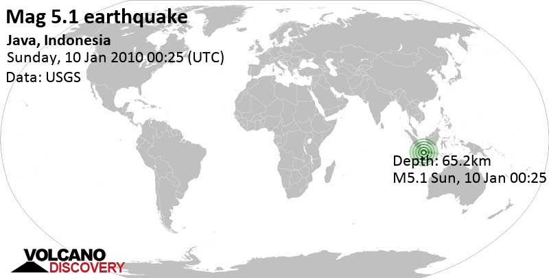 Moderate mag. 5.1 earthquake - 75 km southwest of Tasikmalaya, West Java, Indonesia, on Sunday, January 10, 2010 at 00:25 GMT
