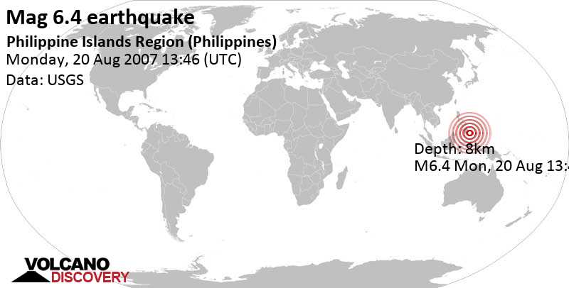 Major magnitude 6.4 earthquake - 158 km southeast of Mati, Province of Davao Oriental, Philippines, on Monday, August 20, 2007 at 13:46 GMT