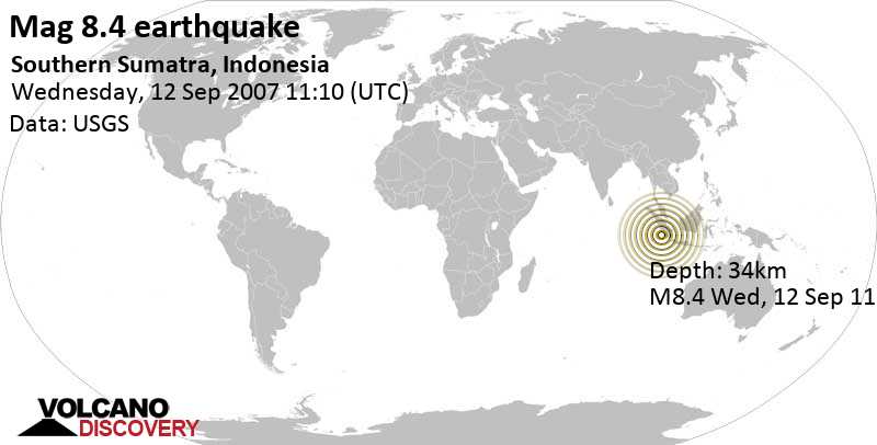 Major magnitude 8.4 earthquake - 122 km southwest of Benkulu, Bengkulu, Indonesia, on Wednesday, September 12, 2007 at 11:10 GMT