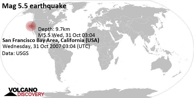 Strong mag. 5.5 earthquake - 7.3 mi east of Milpitas, Santa Clara County, California, USA, on Wednesday, October 31, 2007 at 03:04 GMT