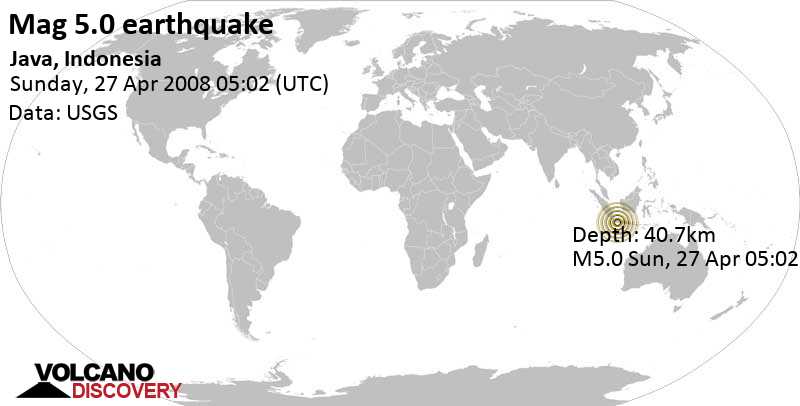 Moderate mag. 5.0 earthquake - 63 km southwest of Tasikmalaya, West Java, Indonesia, on Sunday, April 27, 2008 at 05:02 GMT