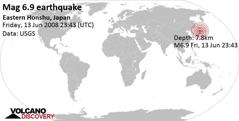 Major magnitude 6.9 earthquake - Ichinoseki-shi, 25 km southwest of Mizusawa, Ōshū-shi, Iwate, Japan, on Friday, June 13, 2008 at 23:43 GMT