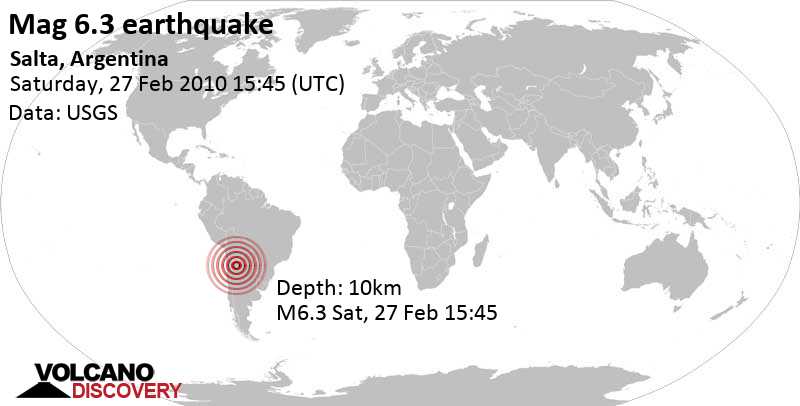 Very strong mag. 6.3 earthquake - Departamento de Rosario de Lerma, 21 km southwest of Salta, Departamento Capital, Salta, Argentina, on Saturday, February 27, 2010 at 15:45 GMT