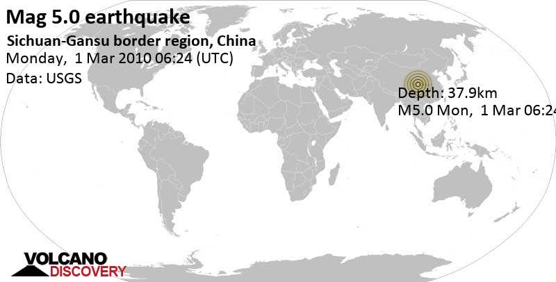 Séisme modéré mag. 5.0 - 63 km à l\'ouest de Guangyuan, Province de Sichuan, Chine, lundi, le 01 mars 2010 06:24