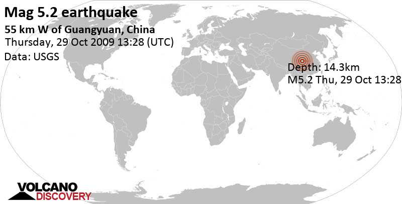 Tremblement de terre fort magnitude 5.2 - 56 km à l\'ouest de Guangyuan, Province de Sichuan, Chine, jeudi, le 29 octobre 2009 13:28