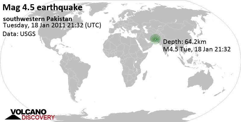 Mag. 4.5 earthquake - southwestern Pakistan on Wednesday, Jan 19, 2011, at 02:32 am (Karachi time)