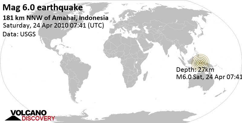 Strong mag. 6.0 earthquake - 58 km east of Pulau Gommu Island, North Maluku, Indonesia, on Saturday, April 24, 2010 at 07:41 GMT