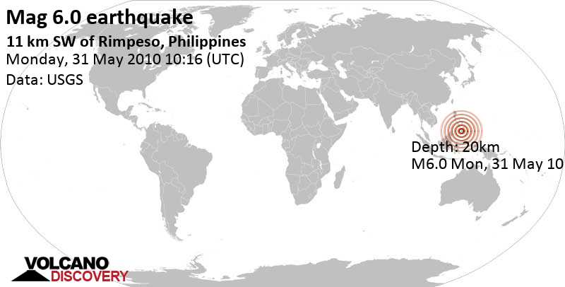 Very strong mag. 6.0 earthquake - 19 km northwest of South Upi, Philippines, on Monday, May 31, 2010 at 10:16 GMT