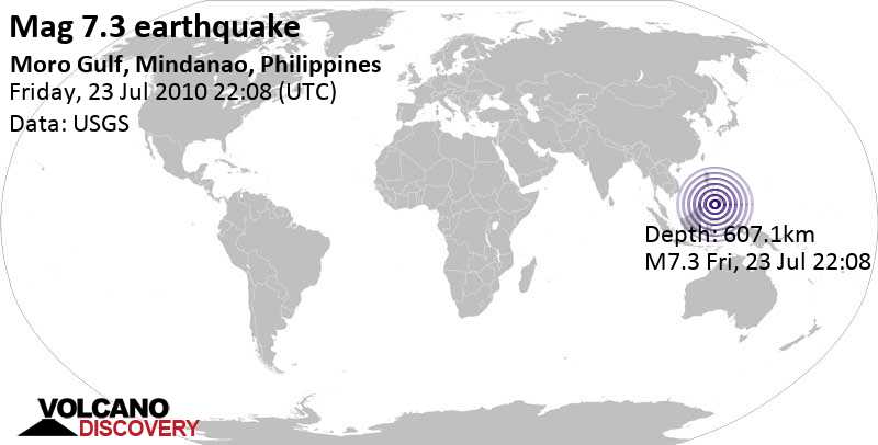 Major magnitude 7.3 earthquake - 72 km west of Bantogon, Province of Sultan Kudarat, Soccsksargen, Philippines, on Friday, July 23, 2010 at 22:08 GMT