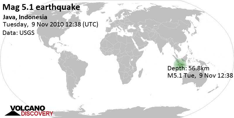 Moderate mag. 5.1 earthquake - 188 km south of Jakarta, Indonesia, on Tuesday, November 9, 2010 at 12:38 GMT