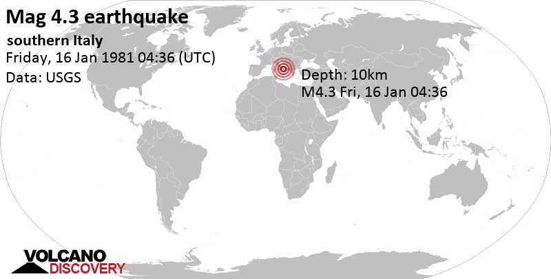 Moderate mag. 4.3 earthquake - Provincia di Potenza, Basilicate, 55 km east of Salerno, Campania, Italy, on Friday, January 16, 1981 at 04:36 GMT