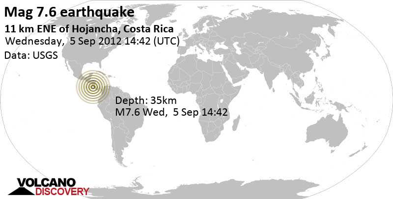 Major magnitude 7.6 earthquake - 22 km southeast of Nicoya, Provincia de Guanacaste, Costa Rica, on Wed, 5 Sep 2012 08:42 (America/Costa_Rica)