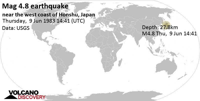 Moderate mag. 4.8 earthquake - 86 km west of Noshiro, Akita, Japan, on Thursday, June 9, 1983 at 14:41 GMT