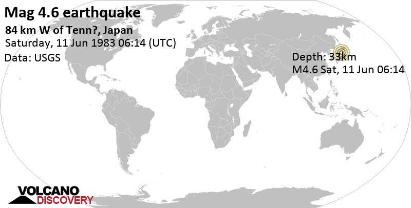 Moderate mag. 4.6 earthquake - 91 km west of Noshiro, Akita, Japan, on Saturday, June 11, 1983 at 06:14 GMT