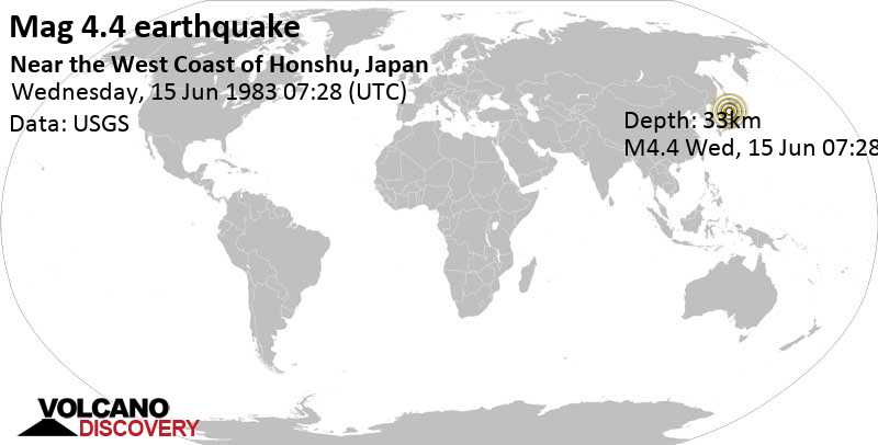 Light mag. 4.4 earthquake - 82 km west of Noshiro, Akita, Japan, on Wednesday, June 15, 1983 at 07:28 GMT