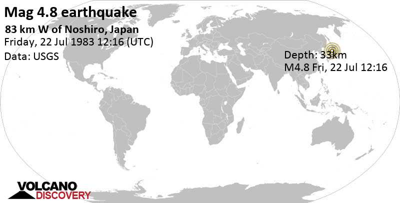 Moderate mag. 4.8 earthquake - 83 km west of Noshiro, Akita, Japan, on Friday, July 22, 1983 at 12:16 GMT