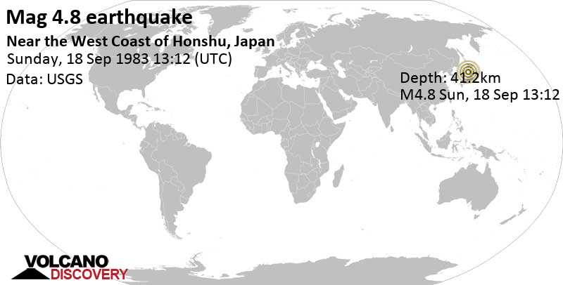 Moderate mag. 4.8 earthquake - 43 km southwest of Noshiro, Akita, Japan, on Sunday, September 18, 1983 at 13:12 GMT