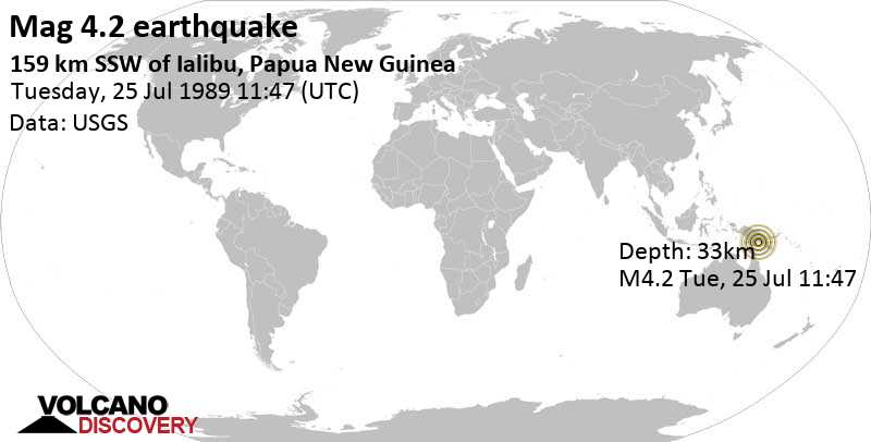 Séisme faible mag. 4.2 - 85 km au nord de Wabuda , Western Province, Papouasie-Nouvelle-Guinée, mardi, le 25 juillet 1989 11:47