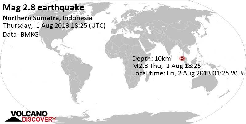 Weak mag. 2.8 earthquake - 53 km south of Bireun, Kabupaten Bireuen, Aceh, Indonesia, on Fri, 2 Aug 2013 01:25 WIB