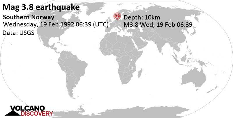Light mag. 3.8 earthquake - Karlsøya, 5.7 km southeast of Fredrikstad, Viken, Norway, on Wednesday, February 19, 1992 at 06:39 GMT