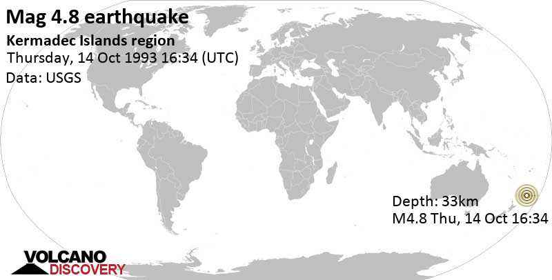 Умеренное землетрясение маг. 4.8 - Новая Зеландия, Четверг, 14 октября 1993 16:34