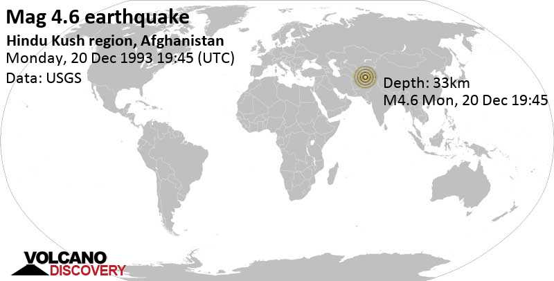 Moderate mag. 4.6 earthquake - Zebak, 98 km southeast of Faizabad, Faīẕābād, Badakhshan, Afghanistan, on Monday, December 20, 1993 at 19:45 GMT