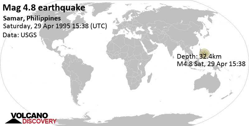 Moderate mag. 4.8 earthquake - 52 km northeast of Borongan City, Eastern Samar, Eastern Visayas, Philippines, on Saturday, April 29, 1995 at 15:38 GMT