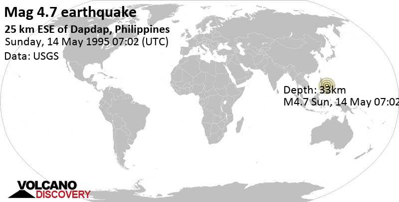 Moderate mag. 4.7 earthquake - 95 km east of Catbalogan, Province of Samar, Eastern Visayas, Philippines, on Sunday, May 14, 1995 at 07:02 GMT