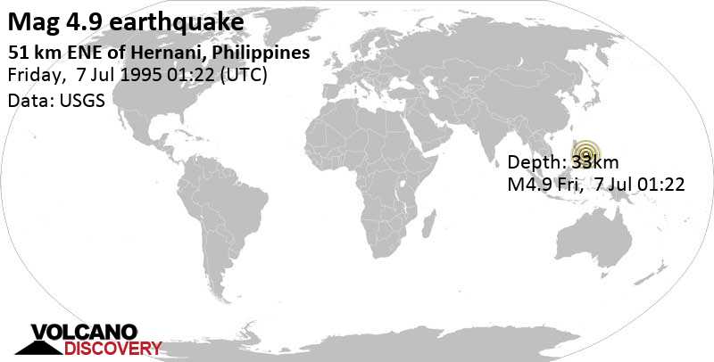Moderate mag. 4.9 earthquake - 65 km east of Borongan City, Eastern Samar, Eastern Visayas, Philippines, on Friday, July 7, 1995 at 01:22 GMT