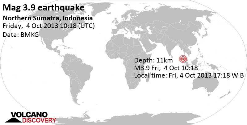Moderate mag. 3.9 earthquake - 52 km northeast of Meulaboh, Kabupaten Aceh Barat, Indonesia, on Fri, 4 Oct 2013 17:18 WIB