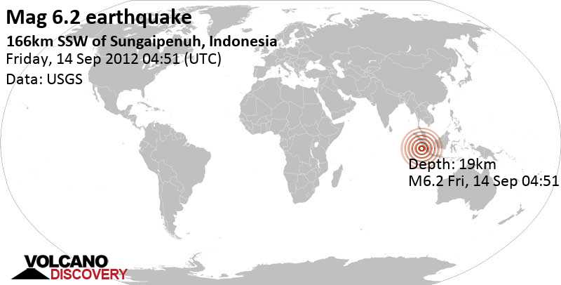 Very strong mag. 6.2 earthquake - Indian Ocean, 192 km west of Benkulu, Bengkulu, Indonesia, on Fri, 14 Sep 2012 11:51 (Asia/Jakarta)