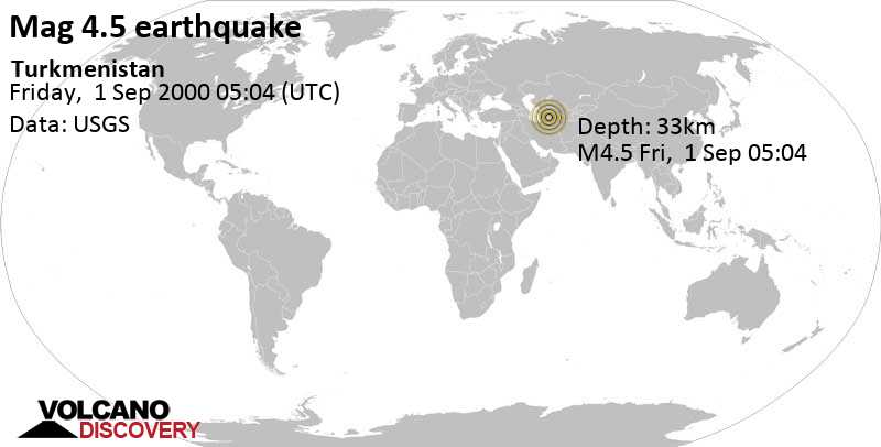 Terremoto moderato mag. 4.5 - 13 km a sud ovest da Baharly, Bäherden, Provincia di Ahal, Turkmenistan, venerdì, 01 set. 2000 05:04