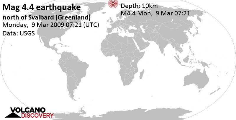Умеренное землетрясение маг. 4.4 - Гренландия, 320 km к северо-западу от Ню-Олесунн, Шпицберген, Понедельник, 09 марта 2009 07:21