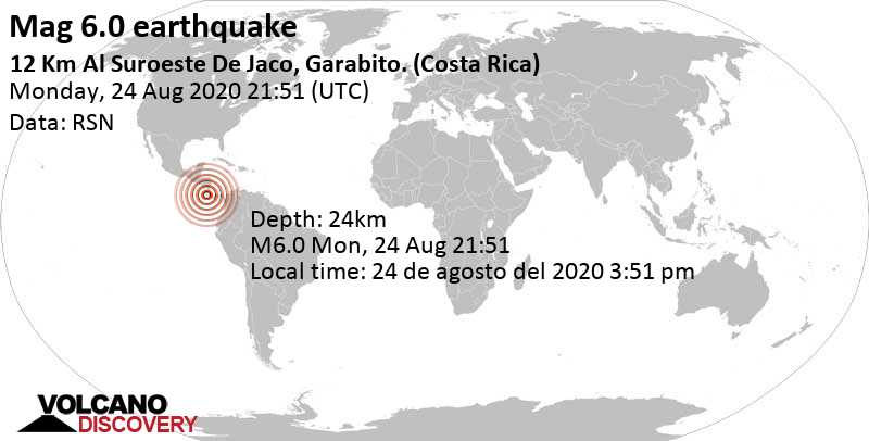 Strong mag. 6.0 earthquake - 52 km south of Puntarenas, Costa Rica, on 24 de agosto del 2020 3:51 pm