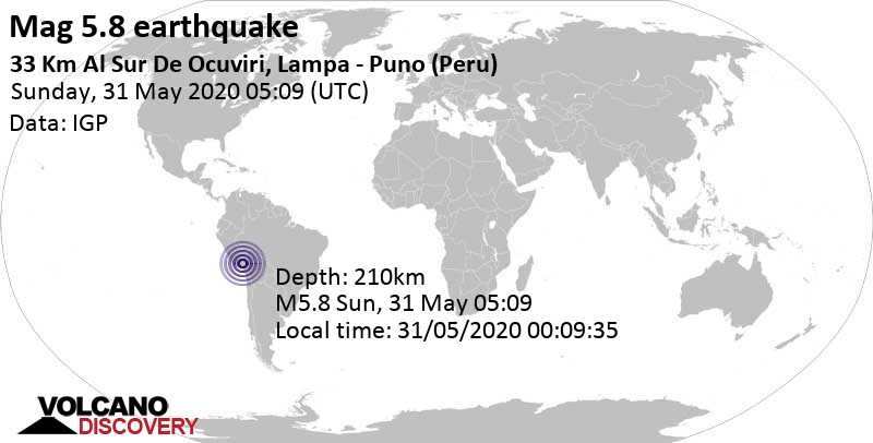 Moderate mag. 5.8 earthquake - 87 km west of Juliaca, Provincia de San Roman, Puno, Peru, on Sunday, May 31, 2020 at 5:09 am (GMT +0)