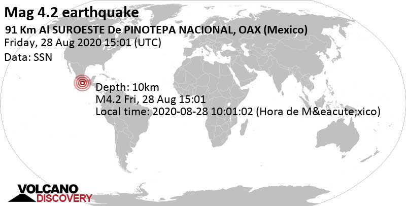 Terremoto moderado mag. 4.2 - North Pacific Ocean, 92 km SSW of Santiago Pinotepa Nacional, Oaxaca, Mexico, 2020-08-28 10:01:02 (Hora de México)