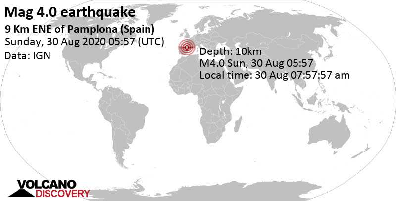 Moderate mag. 4.0 earthquake - 13 km east of Pamplona, Navarra, Spain, on 30 Aug 07:57:57 am