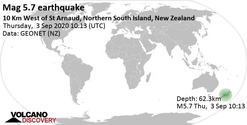 Moderates Erdbeben der Stärke 5.7 - Tasman, 78 km südwestlich von Nelson, Neuseeland, am Donnerstag,  3. Sep 2020 um 10:13 GMT