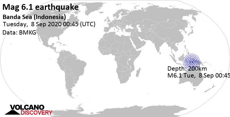 Strong mag. 6.1 earthquake - Banda Sea, 225 km southeast of Ambon City, Maluku, Indonesia, on Tuesday, September 8, 2020 at 00:45 GMT