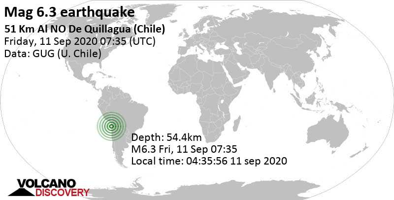 Strong mag. 6.3 earthquake - Tarapaca, 86 km north of Tocopilla, Antofagasta, Chile, on 04:35:56 11 sep 2020