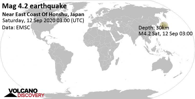 Light mag. 4.2 earthquake - 134 km east of Sendai, Japan, on Saturday, September 12, 2020 at 03:00 GMT