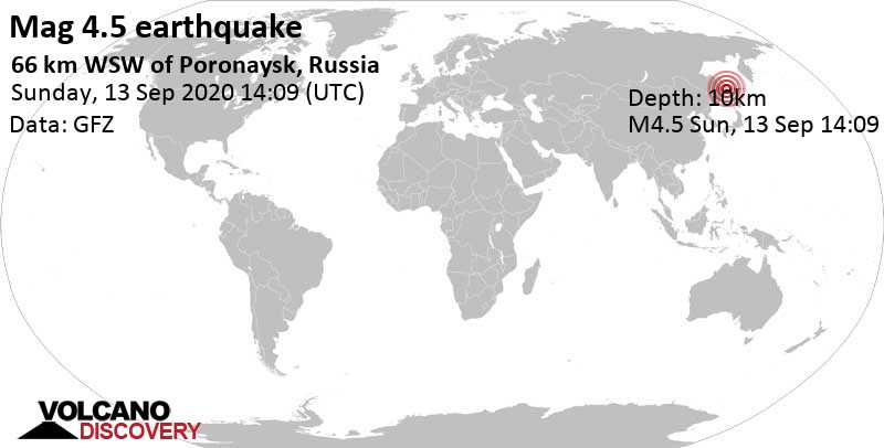 Умеренное землетрясение маг. 4.5 - 17 km к юго-востоку от Углегорск, Uglegorskii, Сахалинская область, Россия, Воскресенье, 13 сентября 2020 14:09