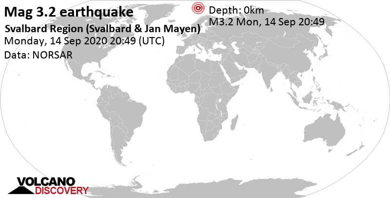 Terremoto leve mag. 3.2 - 22 km SSE of Barentsburg, Spitsbergen, Svalbard, lunes, 14 sep. 2020 20:49