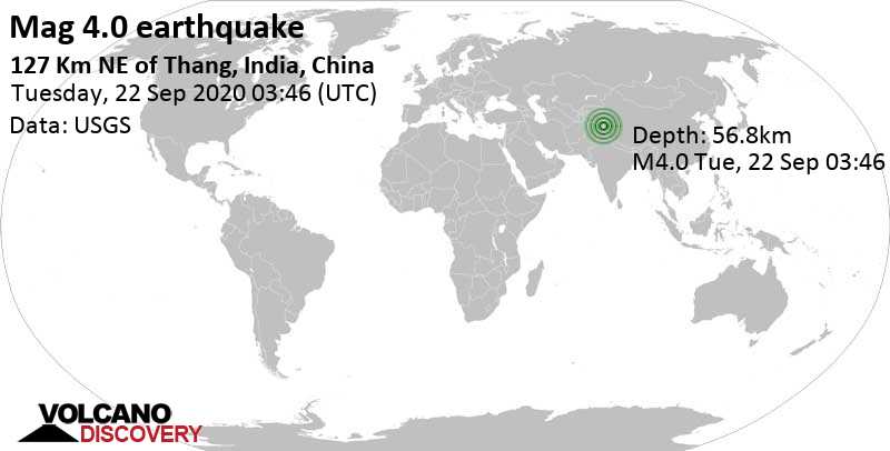 Light mag. 4.0 earthquake - 329 km northeast of Srinagar, India, China, on Tuesday, September 22, 2020 at 03:46 GMT