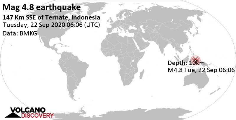 Moderate mag. 4.8 earthquake - 147 km south of Ternate, Maluku Utara, Indonesia, on Tuesday, September 22, 2020 at 06:06 GMT