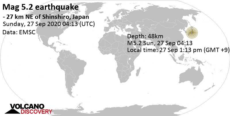 Moderate mag. 5.2 earthquake - 27 km northeast of Shinshiro, Aichi, Japan, on 27 Sep 1:13 pm (GMT +9)