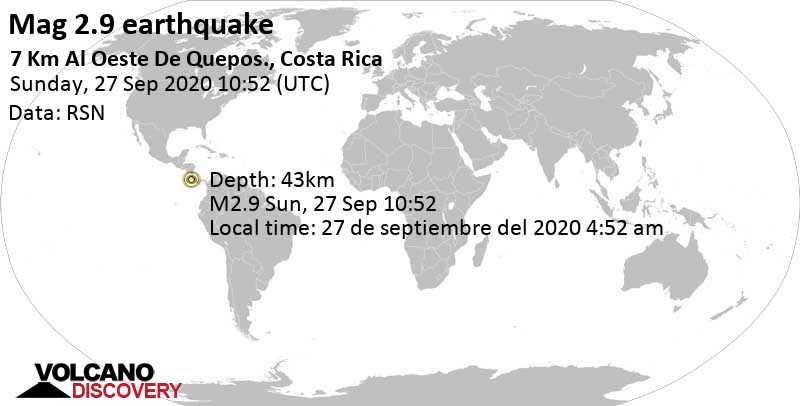 Minor mag. 2.9 earthquake - North Pacific Ocean, 7.8 km west of Quepos, Puntarenas, Costa Rica, on 27 de septiembre del 2020 4:52 am