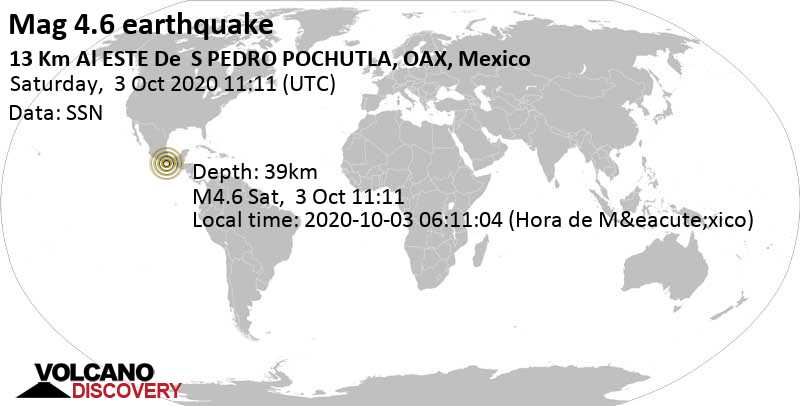 Moderate mag. 4.6 earthquake - 12 km east of San Pedro Pochutla, Oaxaca, Mexico, on 2020-10-03 06:11:04 (Hora de México)